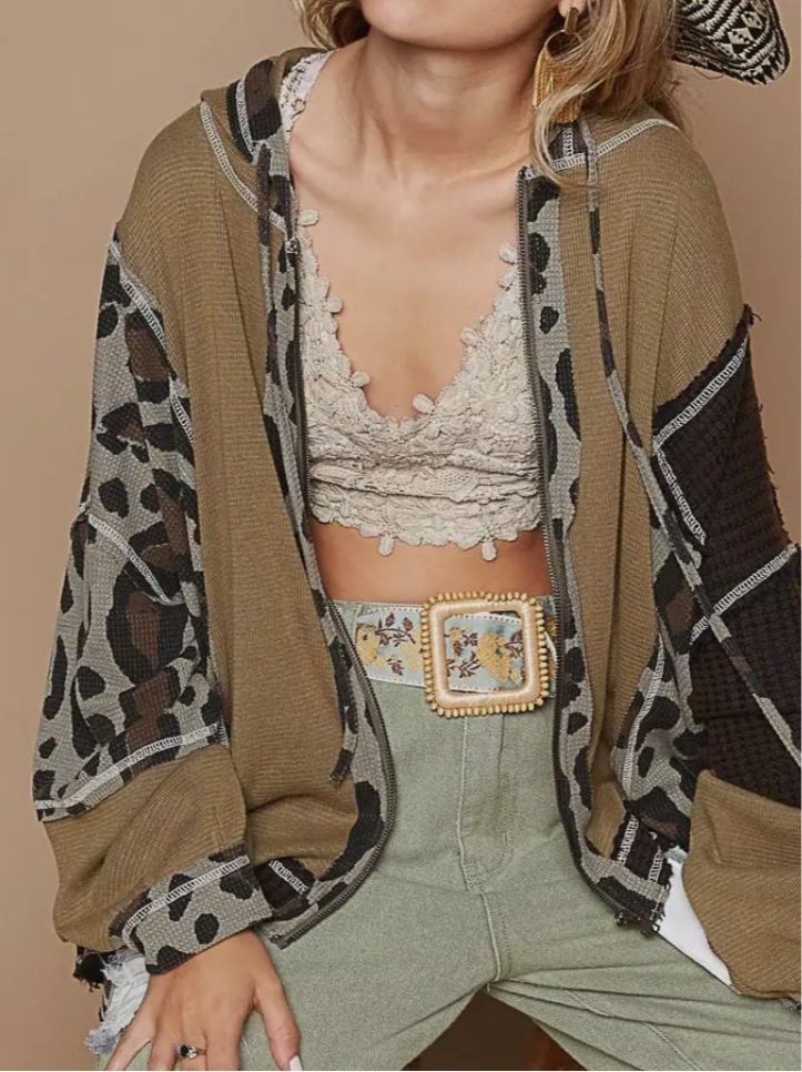 Semi Cropped Leopard Print Hoodie with Zipper