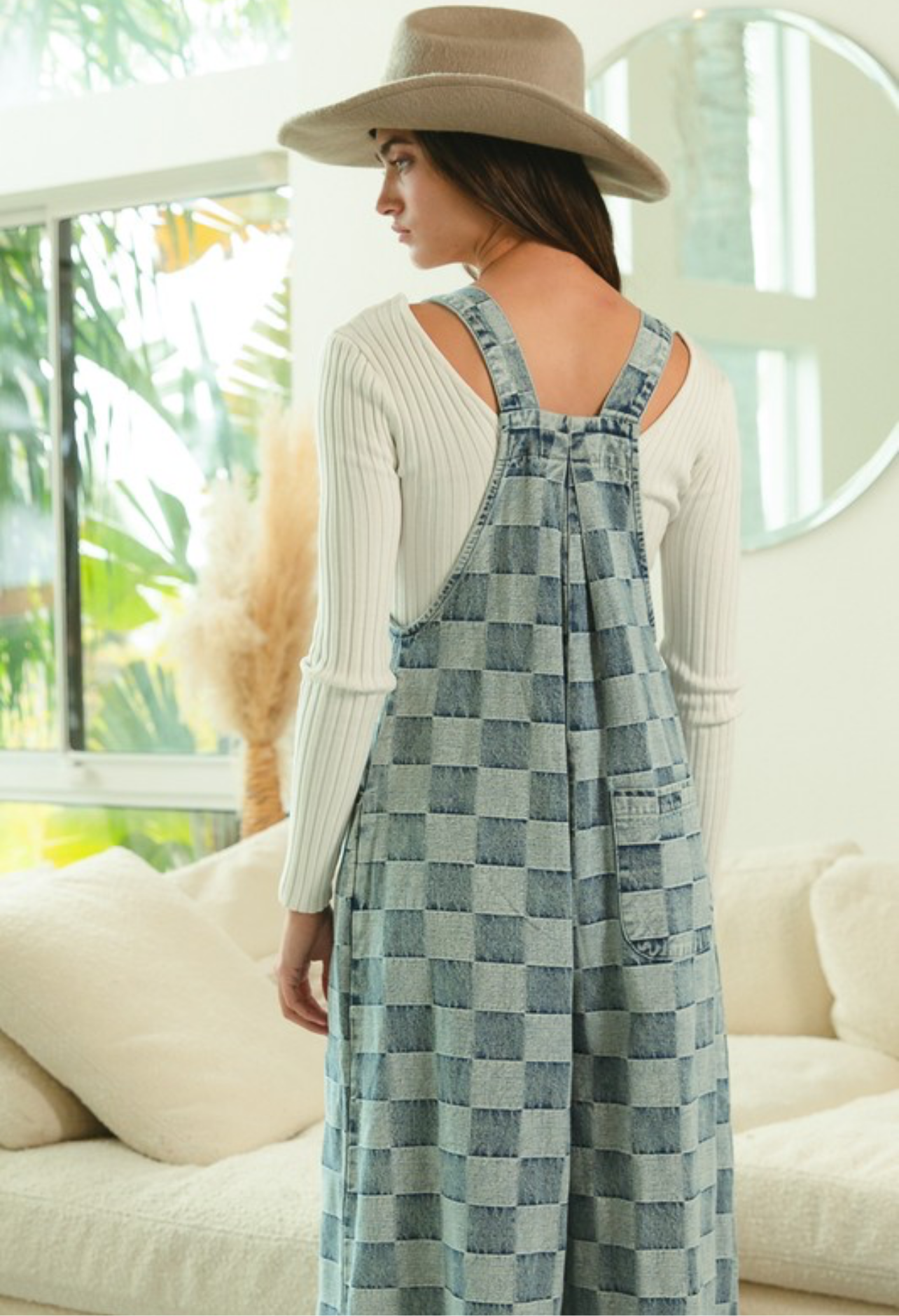 WAYNE WASHED VINTAGE CHECKER WIDE LEGS OVERALLS