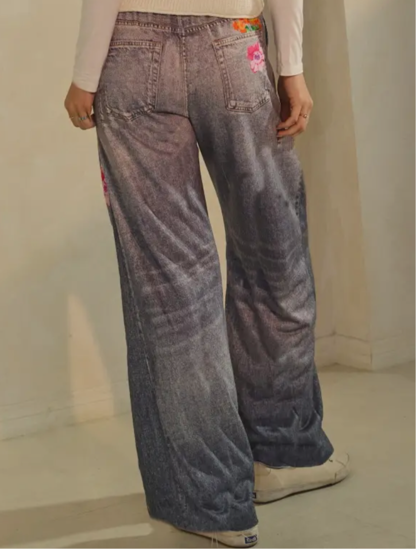 Floral Print & Faux Denim Pants