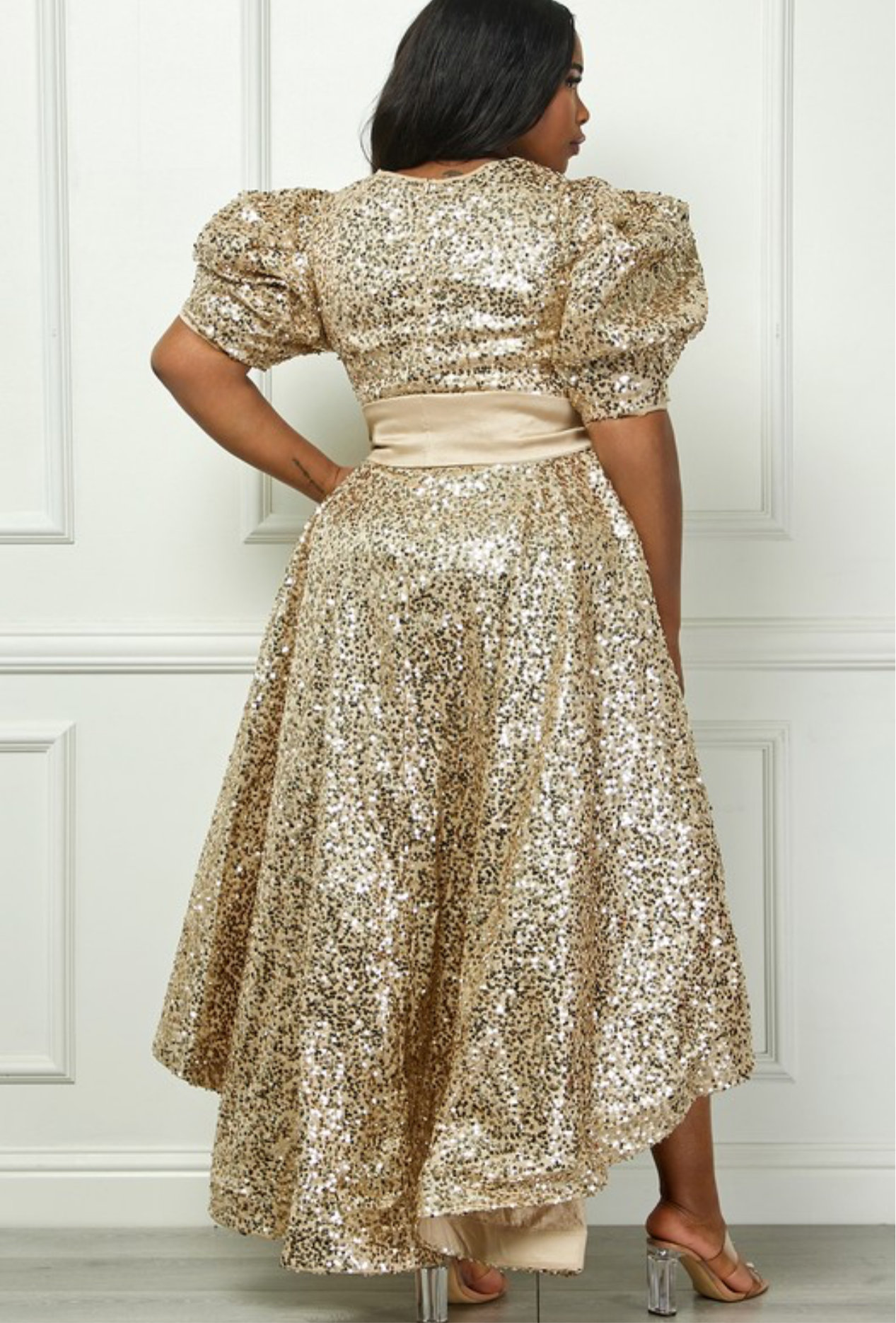 Gold Sequin Puff Half Sleeve Waist Tie Flare Hilo Dress