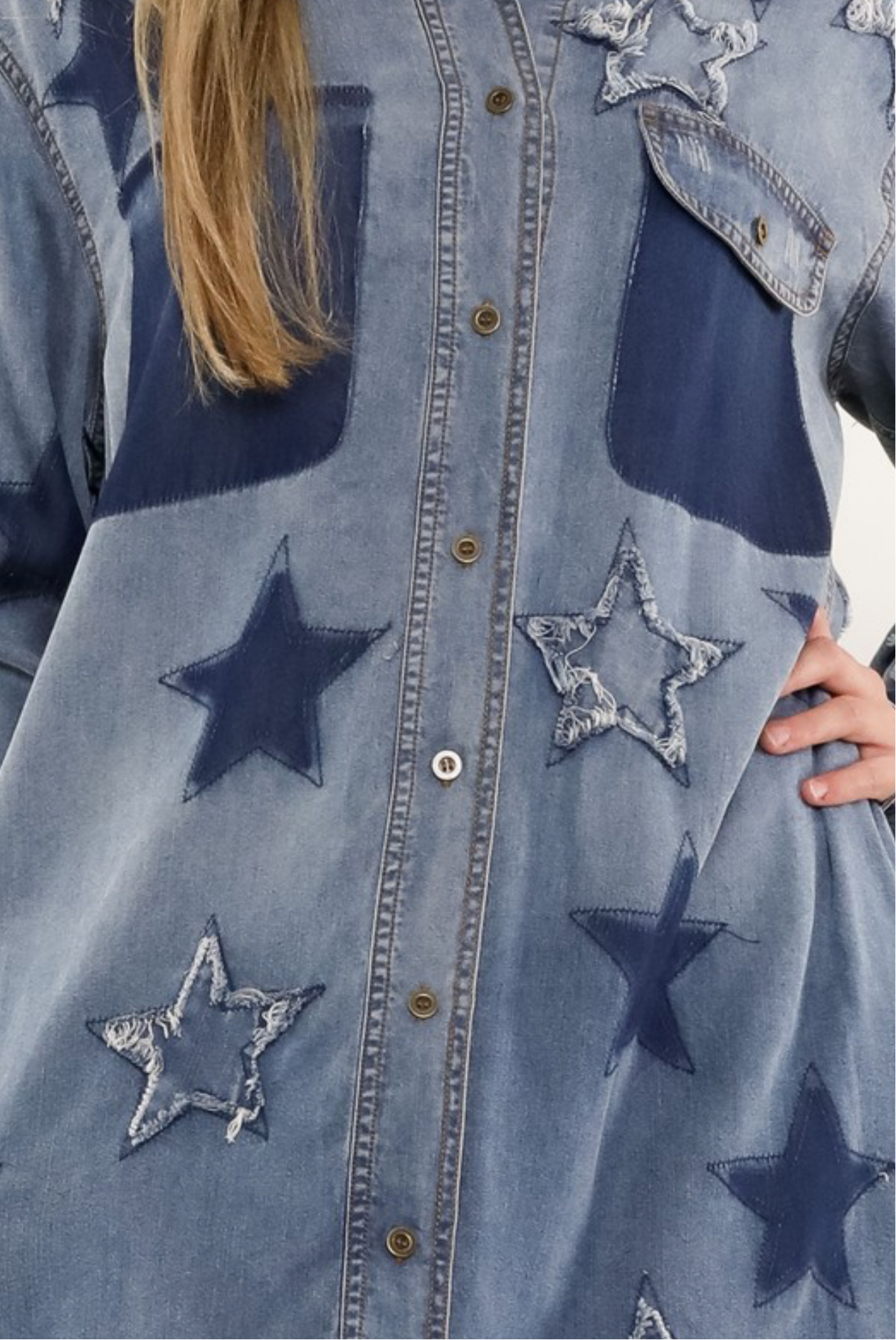 Feel Like a Star Denim/Dark Denim Frayed Star High-Low Dress