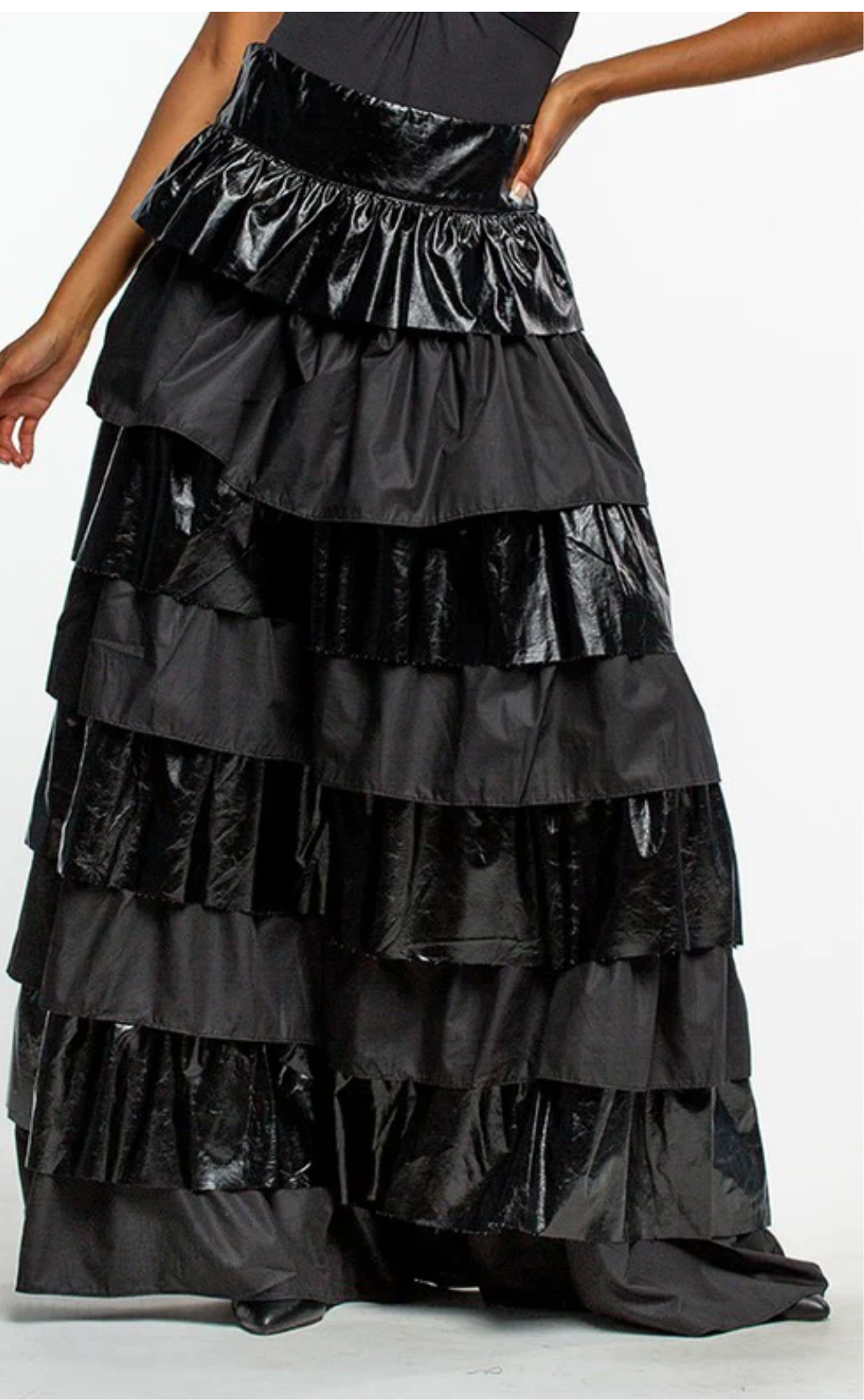 Black Faux Leather Layered Maxi Skirt With Ruffles