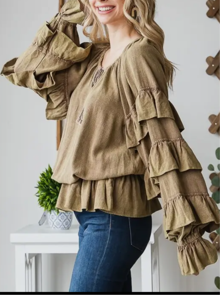 Coffee Washed Ruffle Sleeve Peplum Top