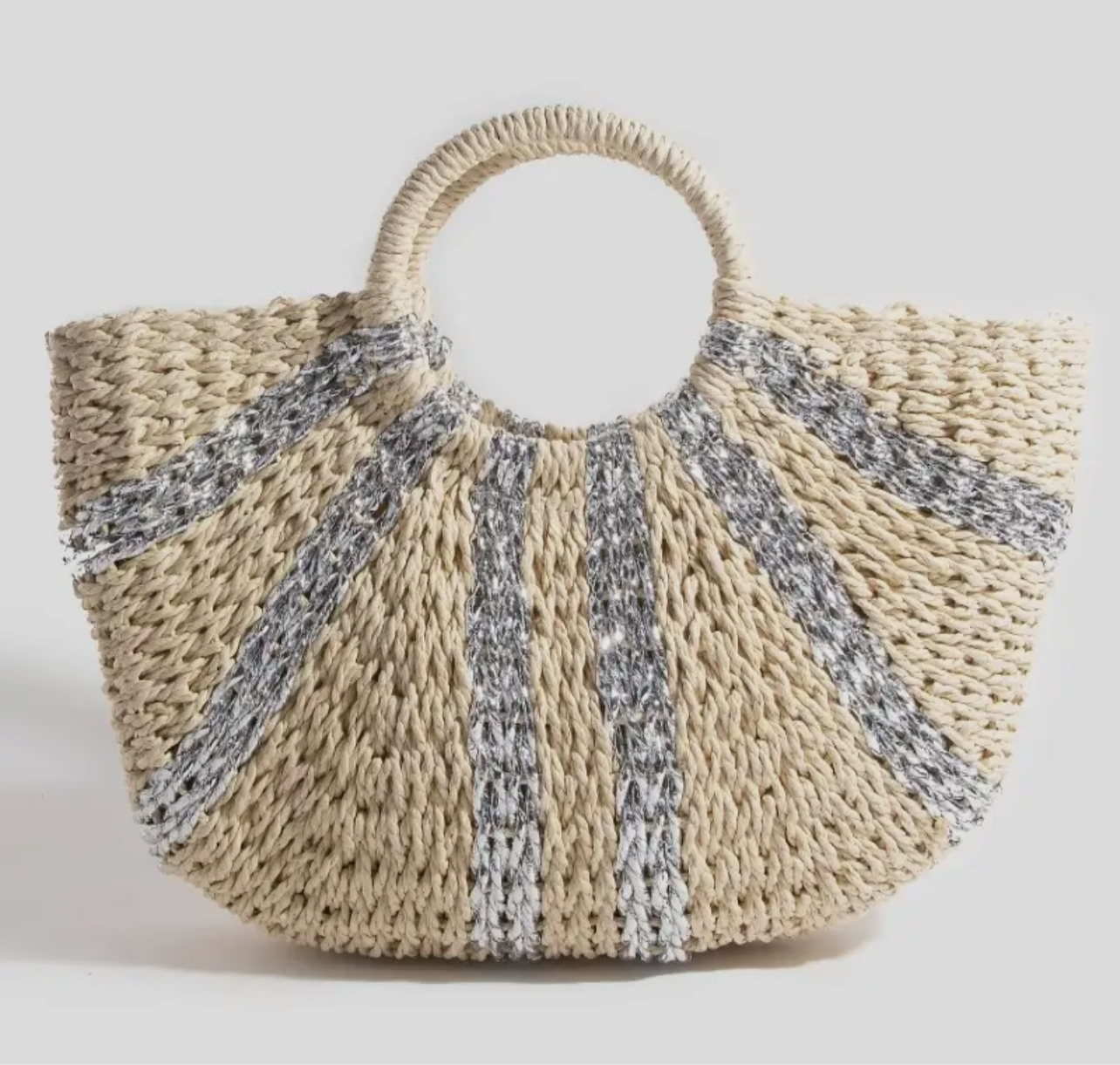 Metallic Stripe Round Braided Straw Bag