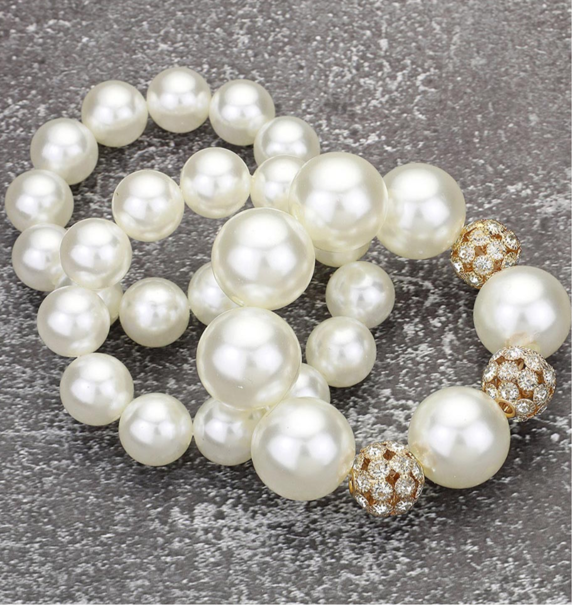 3PCS - Chunky Pearl Ball Beaded Stretch Multi Layered Bracelets _White Gold