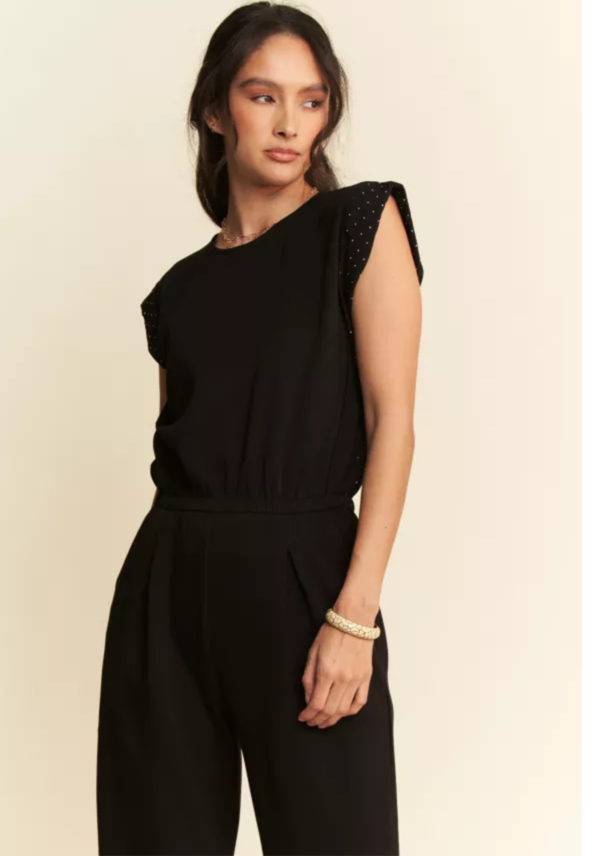 STONE DETAIL SLEEVES SOFT KNIT JUMPSUIT
