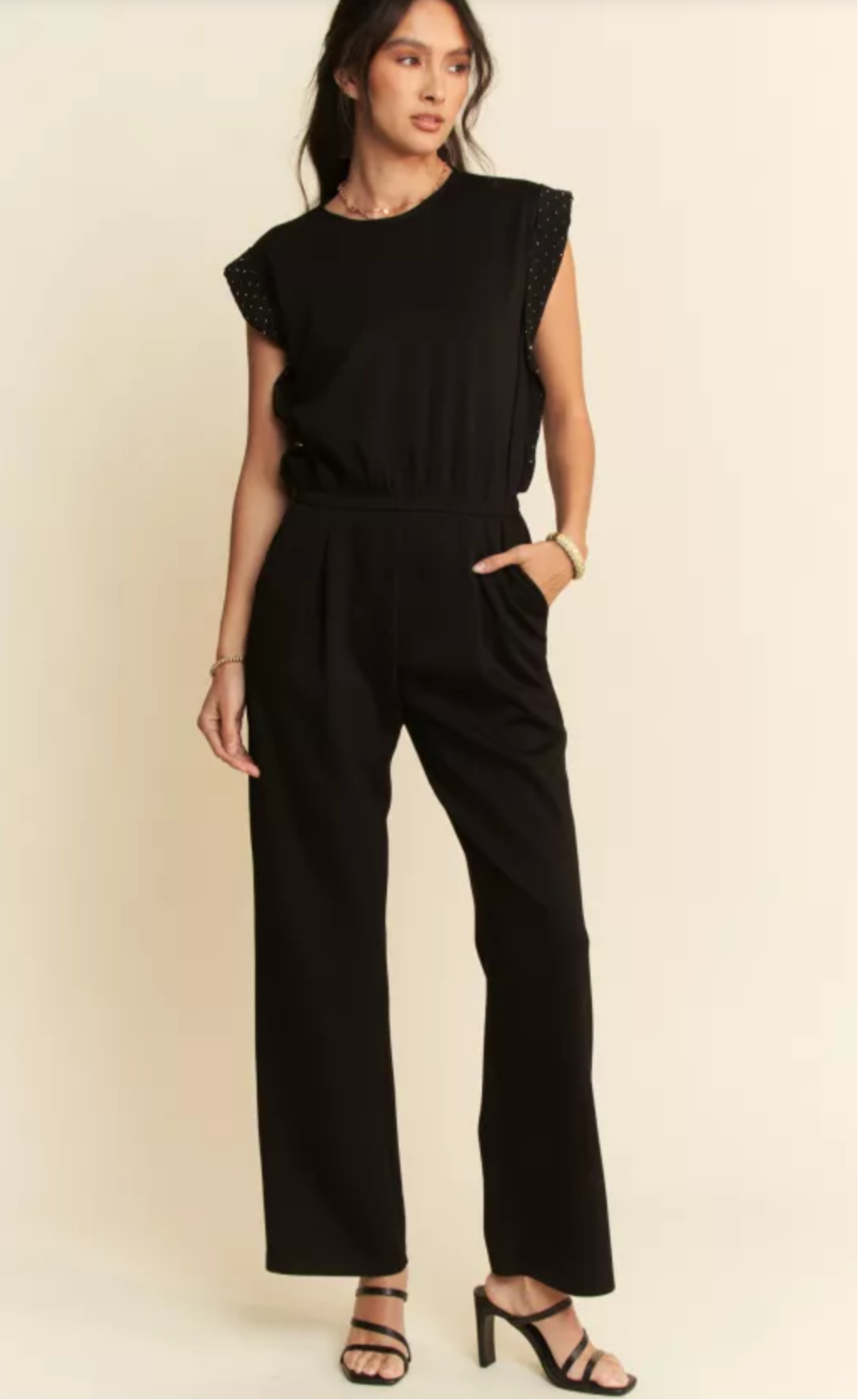 STONE DETAIL SLEEVES SOFT KNIT JUMPSUIT