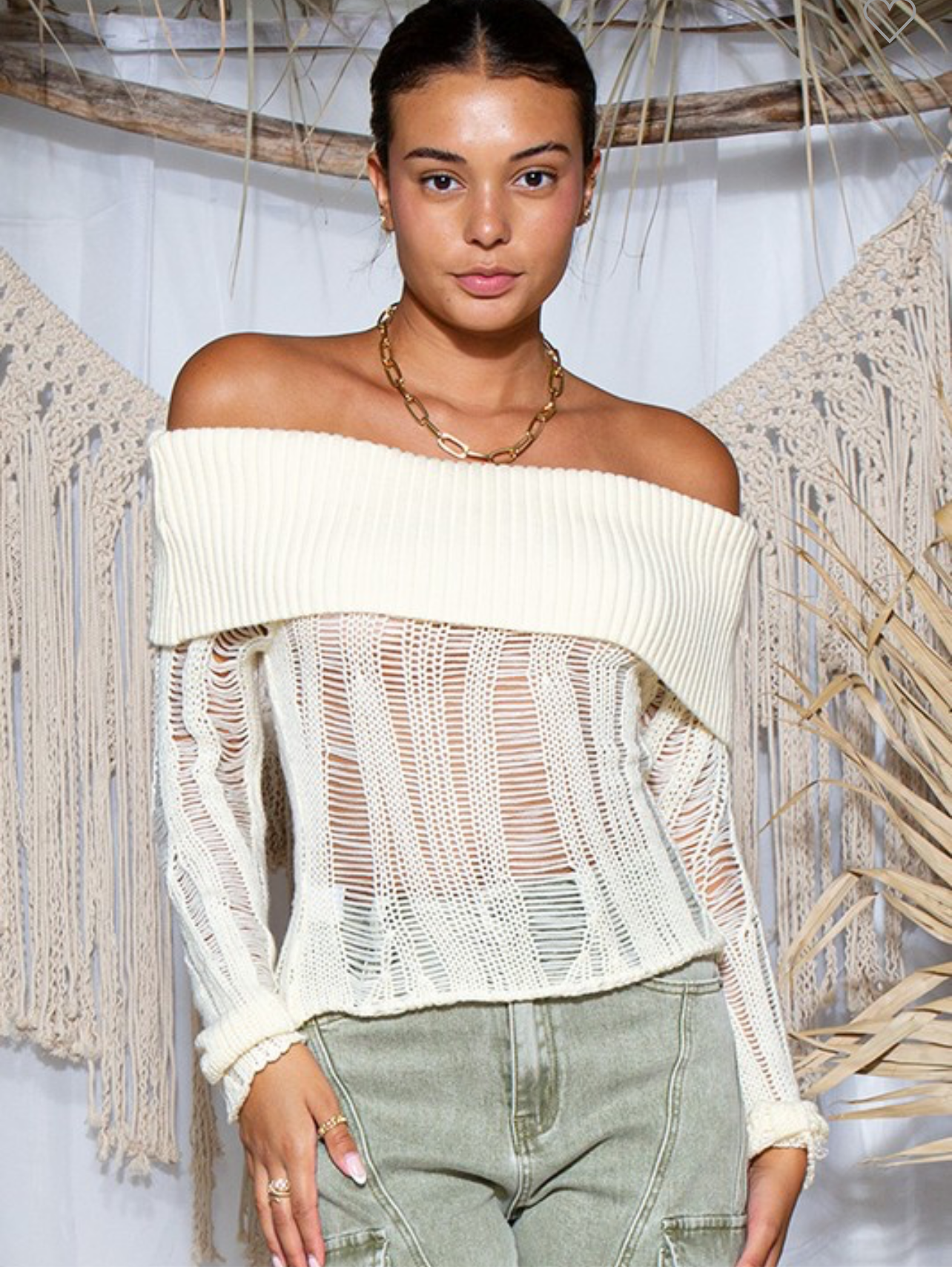 Far Fetch Distressed Off Shoulder Sweater