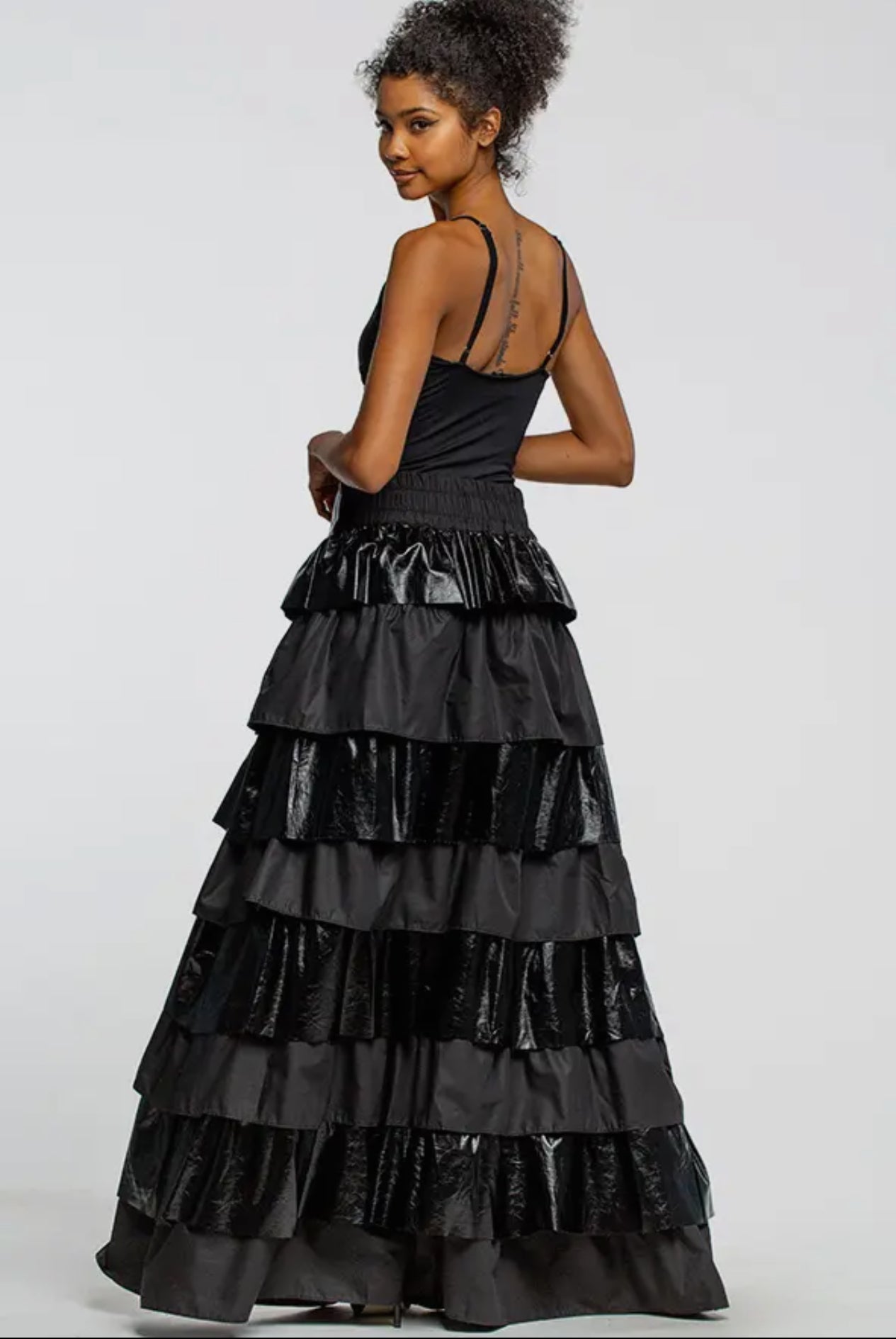 Black Faux Leather Layered Maxi Skirt With Ruffles