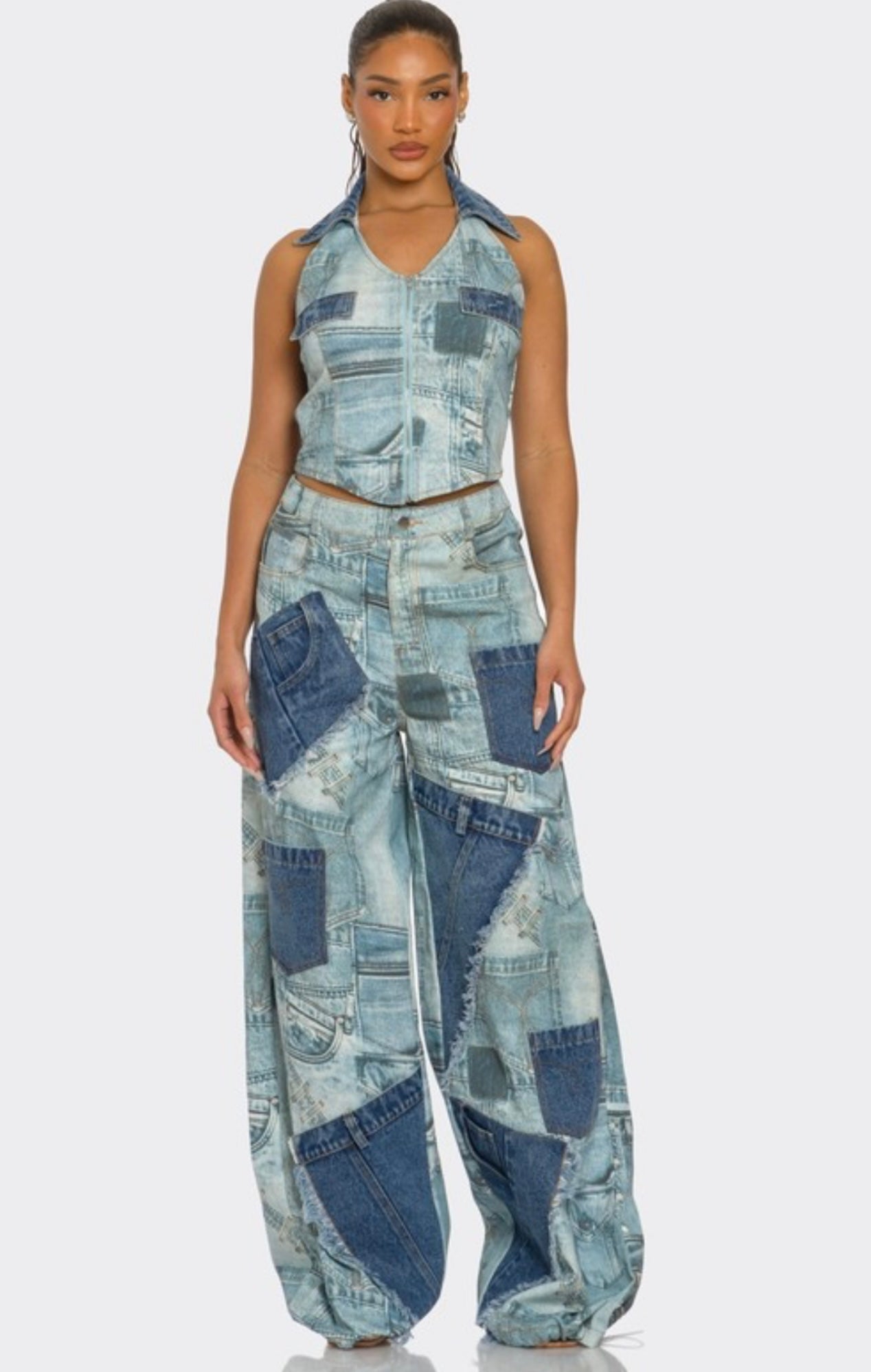RETRO REVIVAL PATCHWORK DENIM TWO-PIECE SET