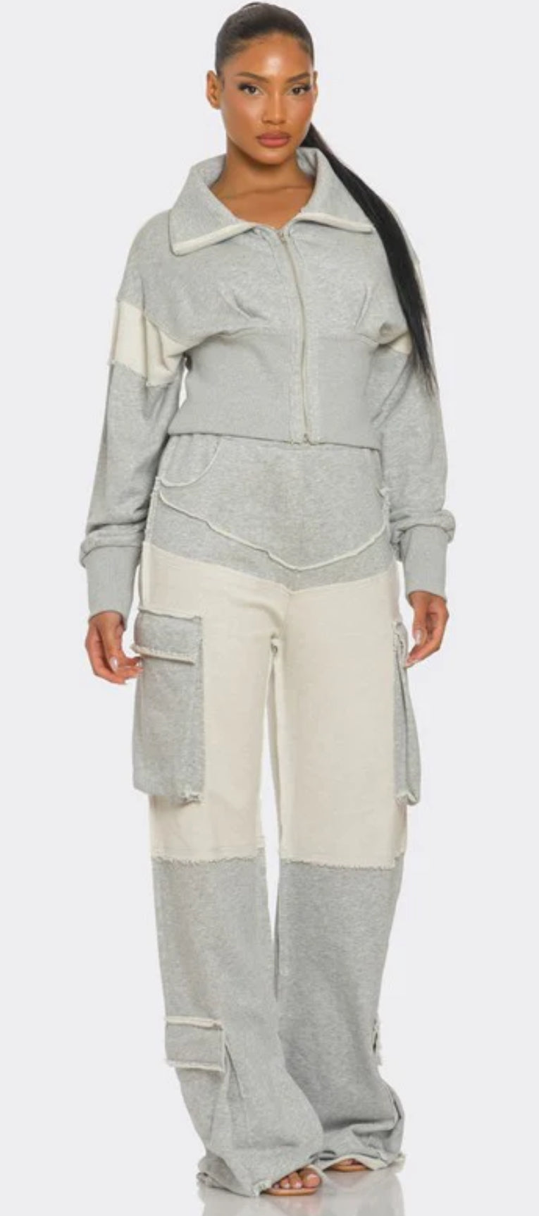 Privilege Asymmetrical Heather Grey Zip-Up Tracksuit CROP JACKET Set
