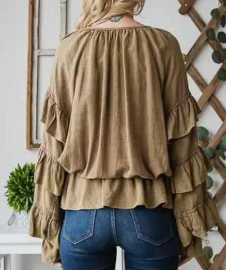 Coffee Washed Ruffle Sleeve Peplum Top