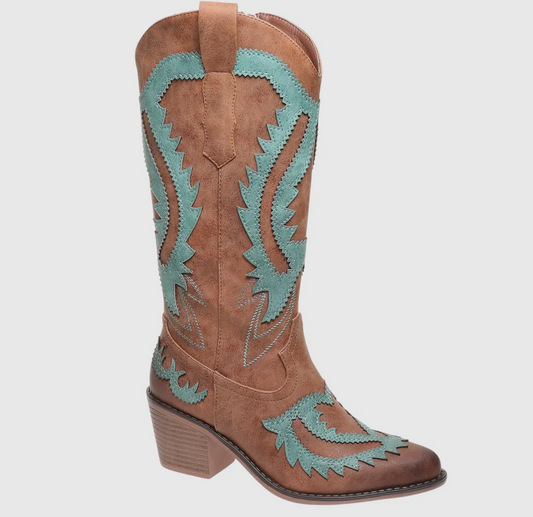 Hooray Brown & Turquoise Embroidered Inlay Boots