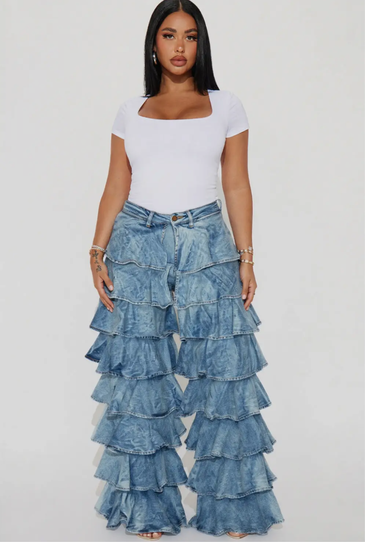 HIGH MAINTENANCE WAISTED RUFFLE DENIM PANTS