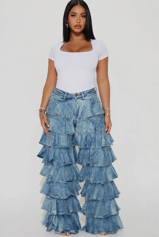 HIGH MAINTENANCE WAISTED RUFFLE DENIM PANTS