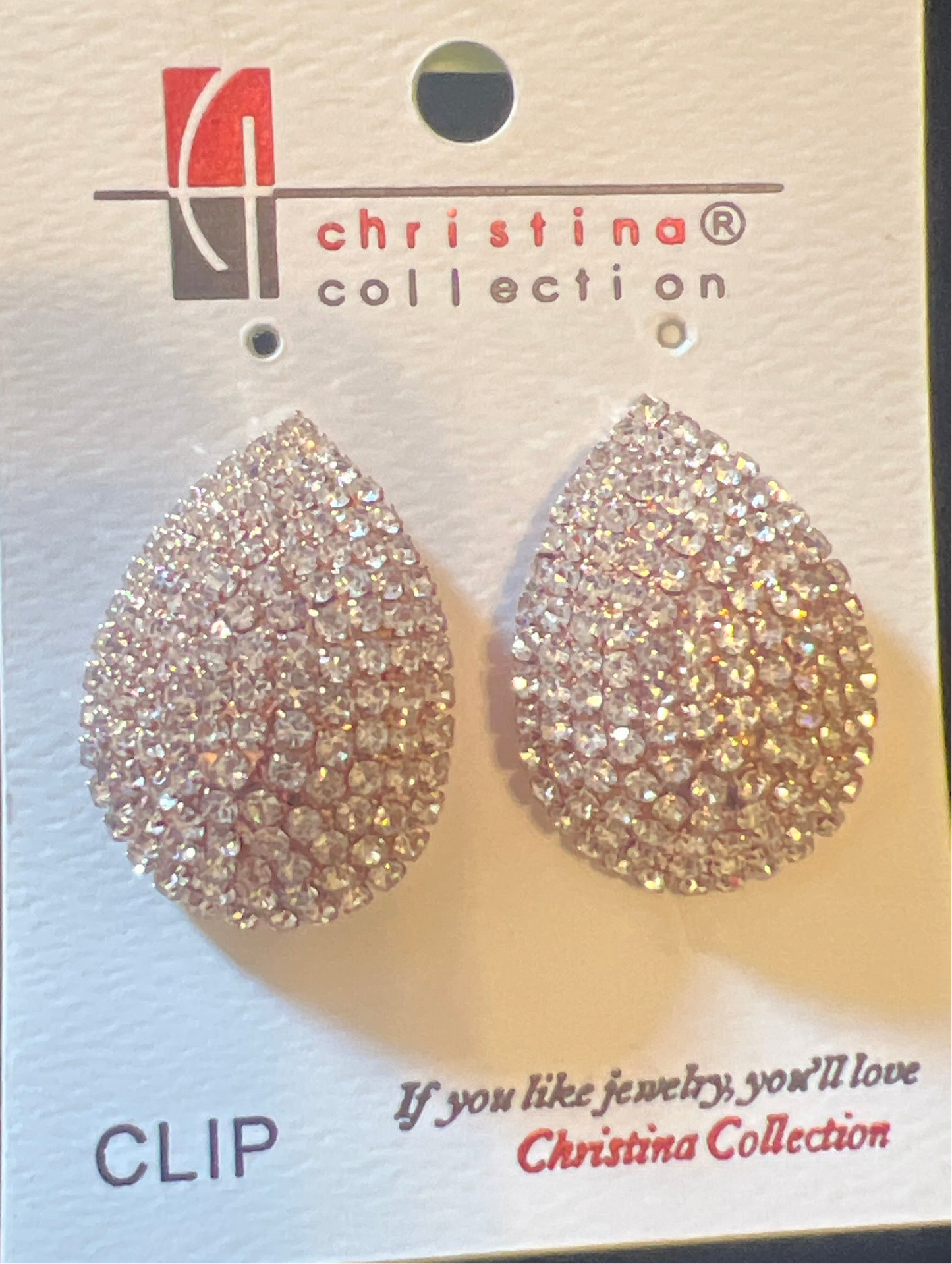Crystal Rhinestone Teardrop Dome Clip Earrings Gold