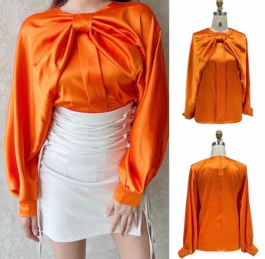 Orange Satin Top with Bow