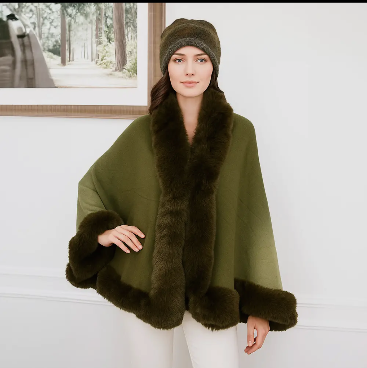 Faux Fur Trim Cape Poncho