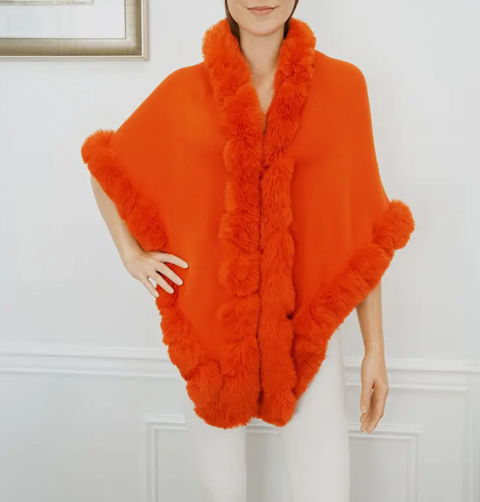 Faux Fur Trim Cape Poncho