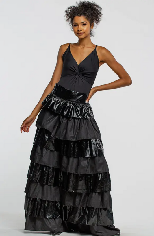 Black Faux Leather Layered Maxi Skirt With Ruffles