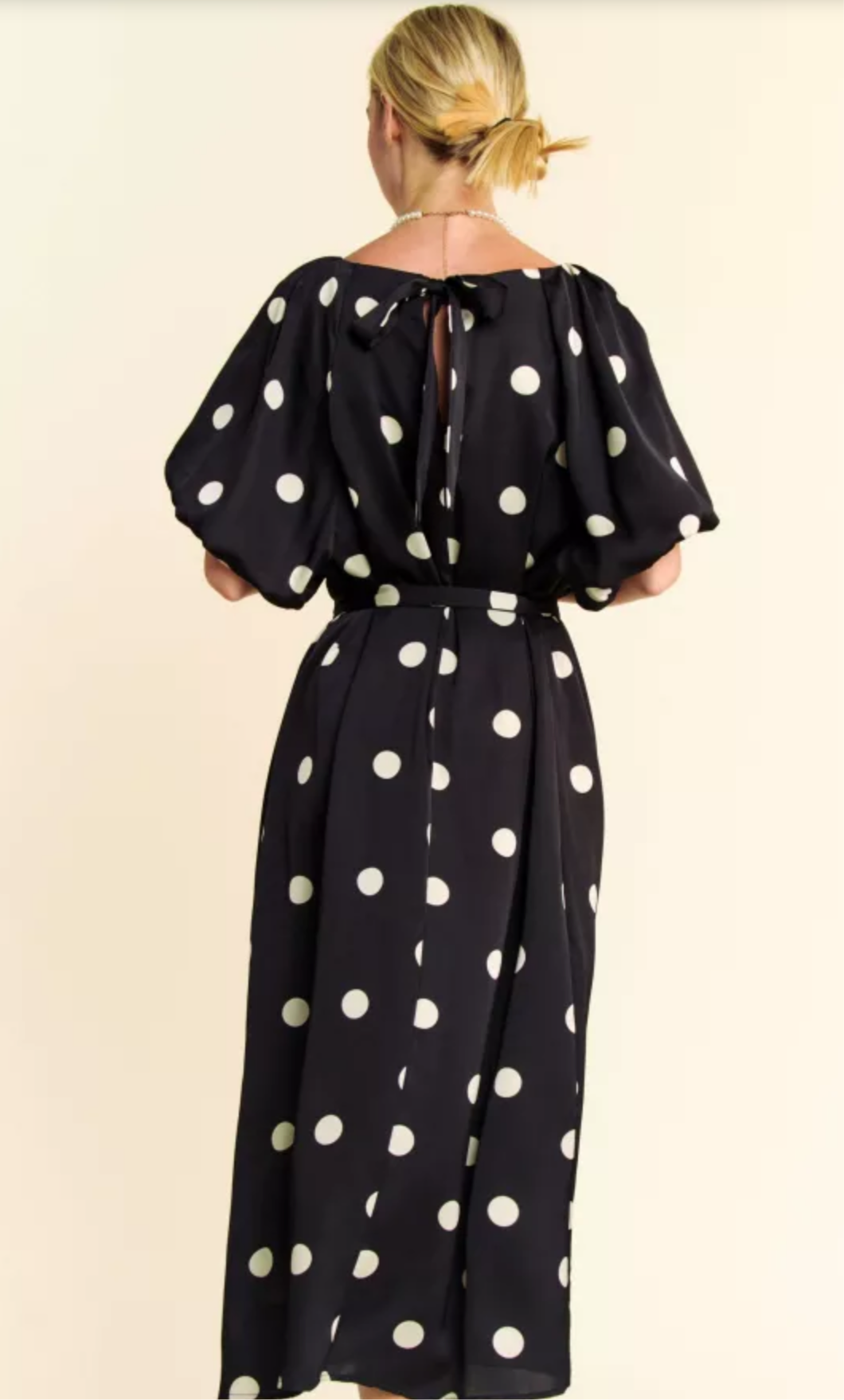 LIGHTING BOX POLKA DOT PUFF SLEEVES WAIST MIDI DRESS