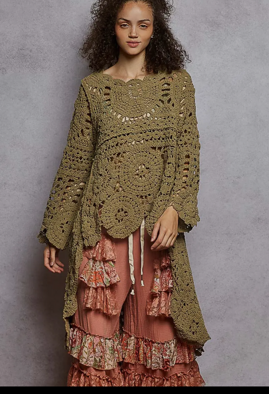 Comic Boho Weave Soft Green Crochet Pullover