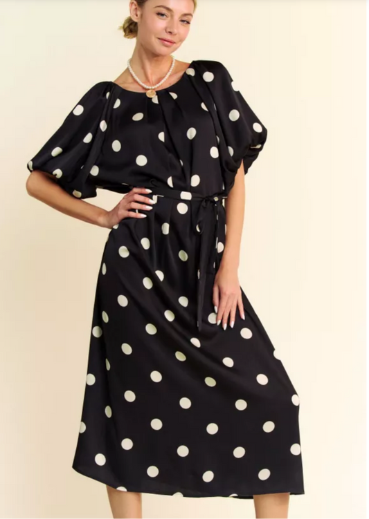 LIGHTING BOX POLKA DOT PUFF SLEEVES WAIST MIDI DRESS
