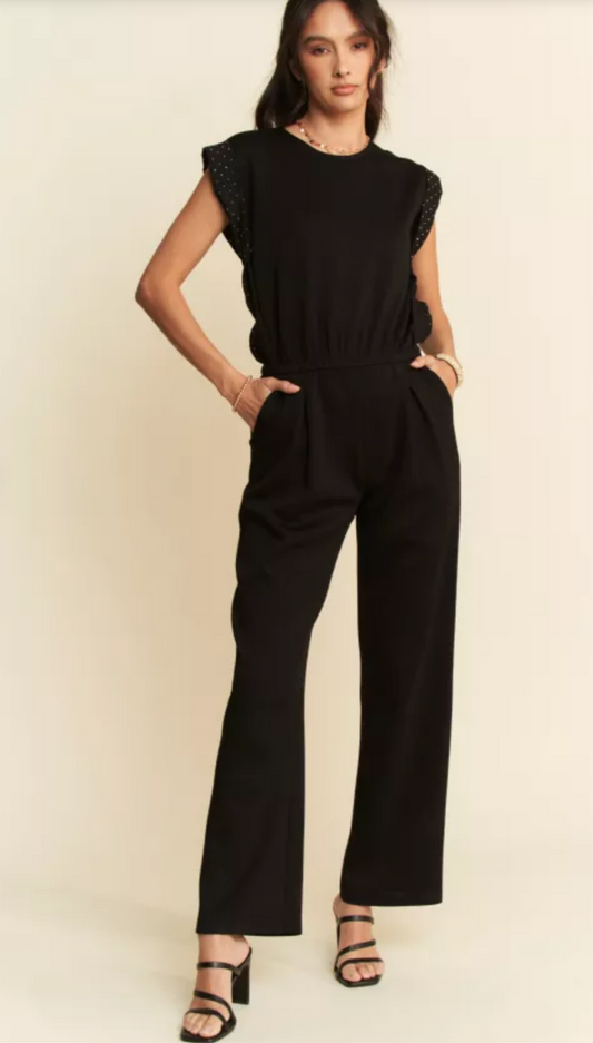 STONE DETAIL SLEEVES SOFT KNIT JUMPSUIT