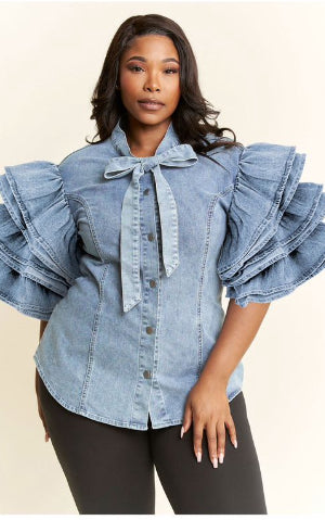 Class Act Denim Ruffle Sleeve Top