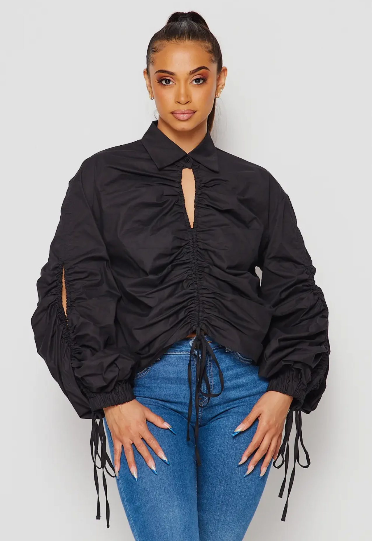 Classic Crush Drawstring Detail Collar Top