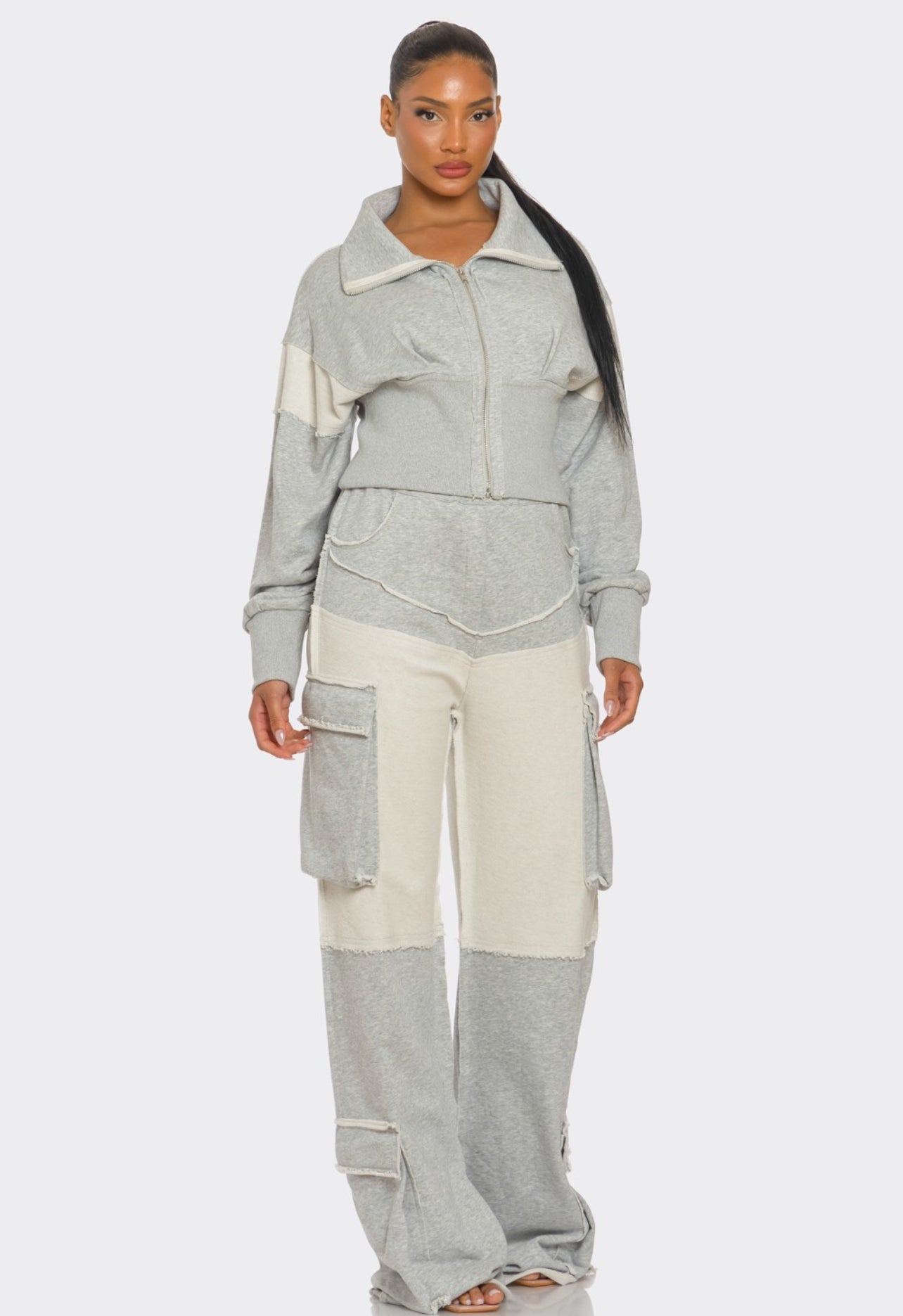 Privilege Asymmetrical Heather Grey Zip-Up Tracksuit CROP JACKET Set
