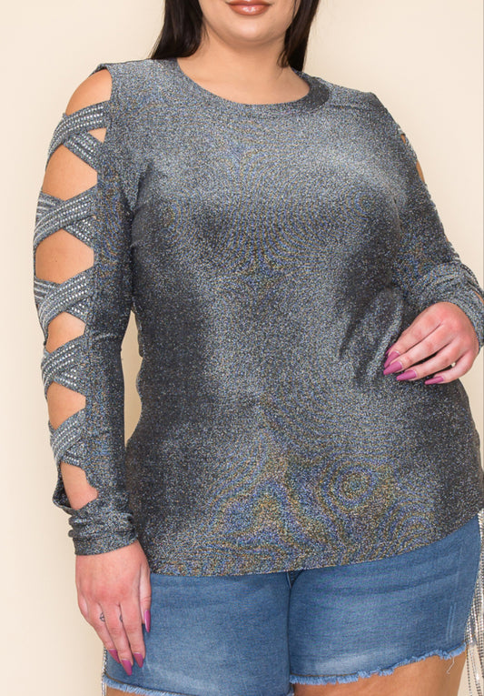 Shimmer Grey Top with cut out sleeve _Size up