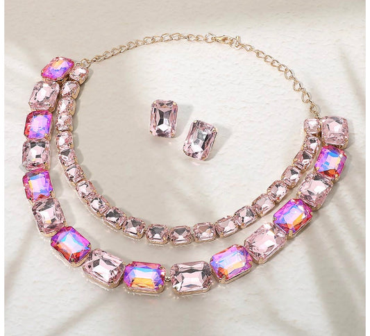 Emerald Cut Stone Cluster Link Double Layered Necklace