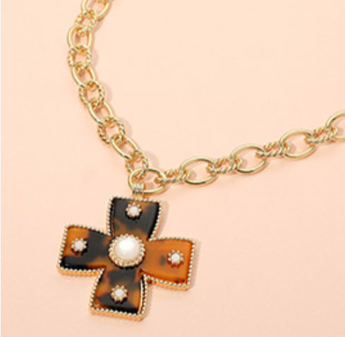 Pearl Accent Resin Cross Pendant Necklace