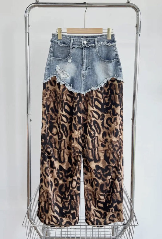 Denim Detail Leopard Pants
