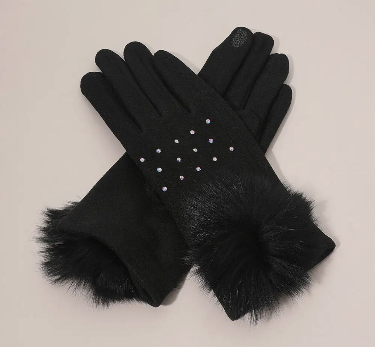Faux Fur Gloves Cuff Pom w/Rhinestone