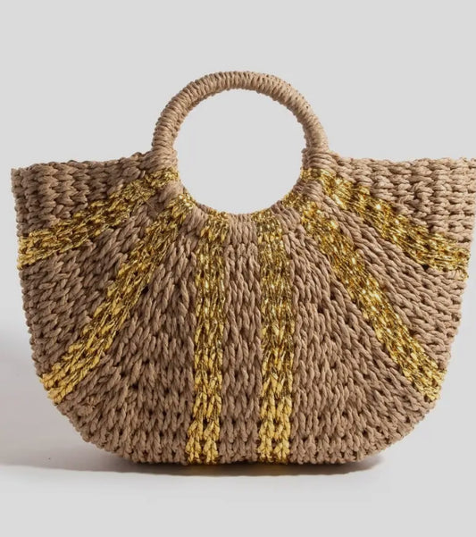 Metallic Stripe Round Braided Straw Bag