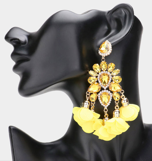 Stone Cluster Chandelier Fabric Petal Dangle Earrings_Yellow or Purple