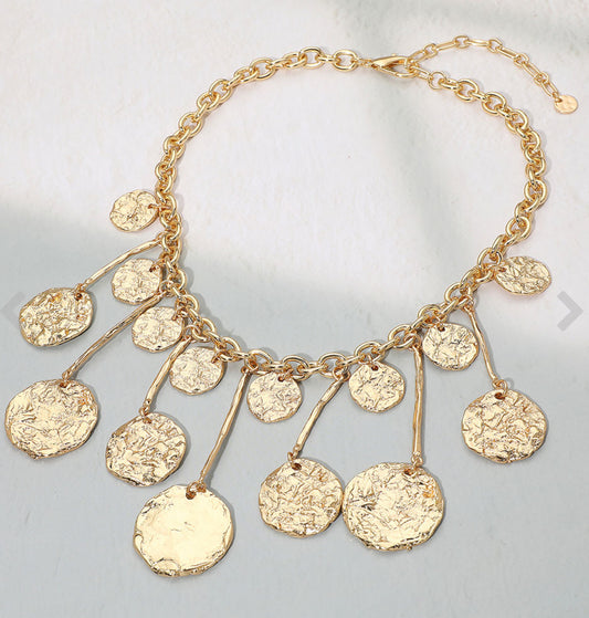 Hammered Metal Coin Statement Necklace