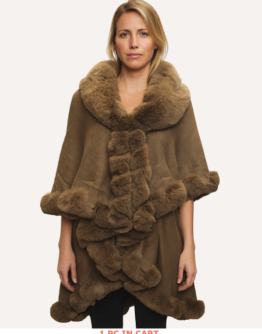 Elegant Faux Fur Trim Cape Poncho_Purple