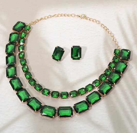 Emerald Cut Stone Cluster Link Double Layered Necklace