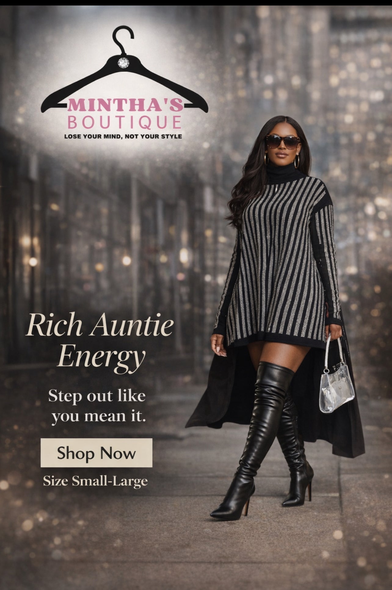 Rich Auntie Energy Rhinestone High-low Top/Dress-Size Down Oversized Fit
