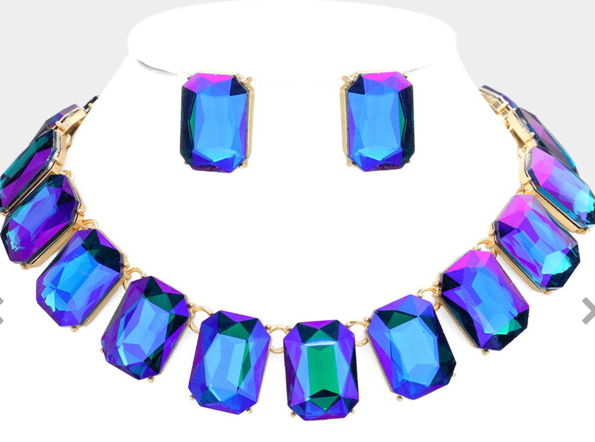 Emerald Cut Stone Link  Necklace Set