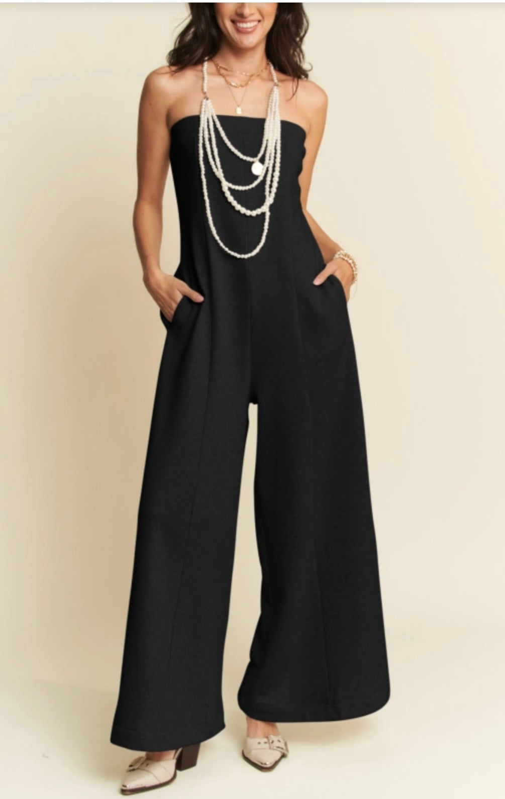 SOLID STRAPS TUBE OPEN BACK WIDE LEG JUMPSUIT