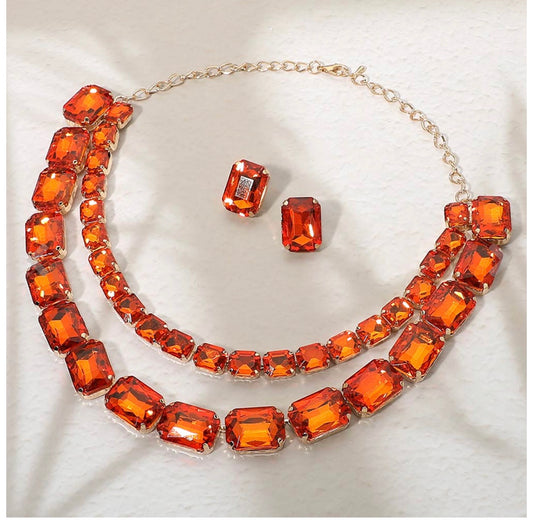 Emerald Cut Stone Cluster Link Double Layered Necklace