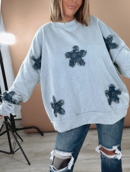 Denim Patchwork Sweatshirt (Suggest Sizing Down)