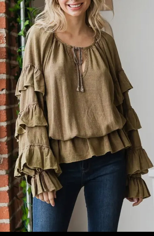 Coffee Washed Ruffle Sleeve Peplum Top