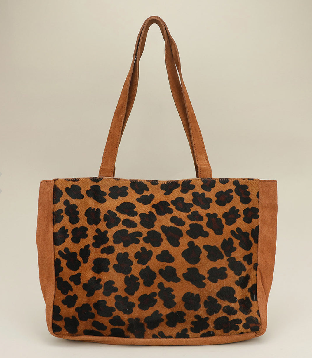 Genuine Leather Calf Fur Chic Leopard Pattern Shoulder Tote Bag