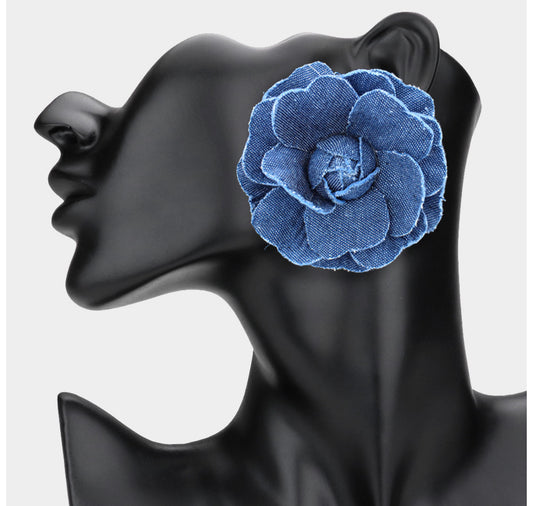 OVersized Denim Fabric Flower Earrings