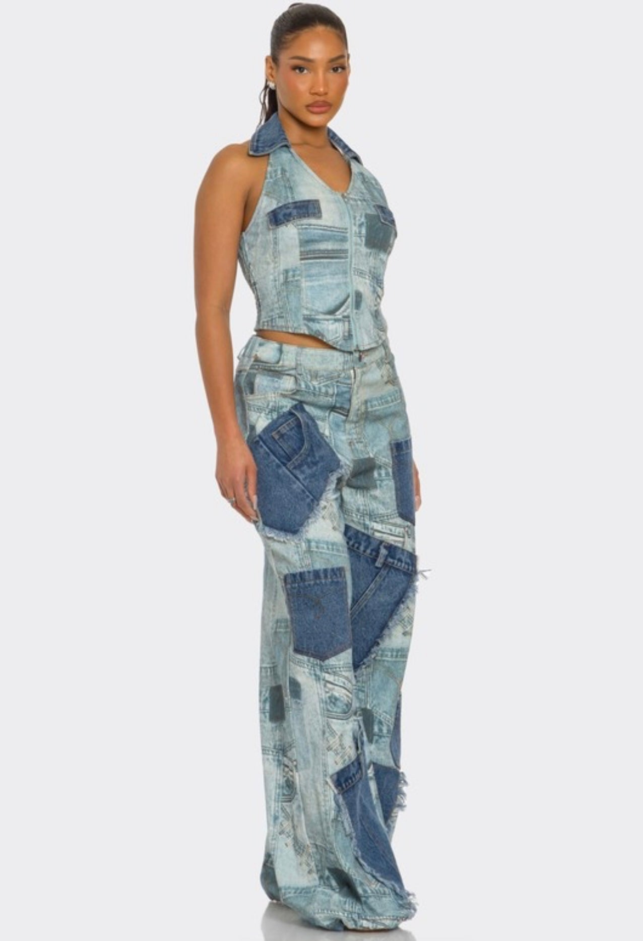 RETRO REVIVAL PATCHWORK DENIM TWO-PIECE SET